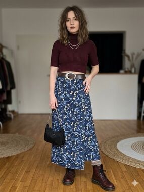 Vintage 90s Navy Floral Wrap Midi Skirt Whimsigoth Grunge Romantic Fairycore 10